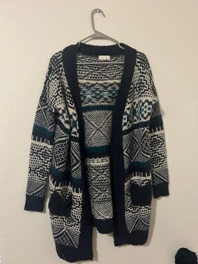 Freeway Navy, Cream & Teal Open-Front Patterned Cardigan